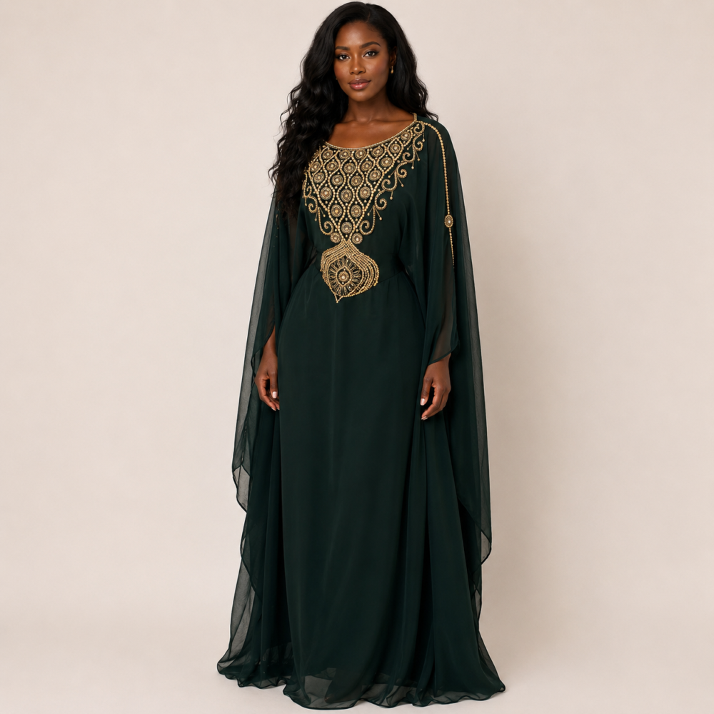 Robe déesse perlée vert foncé
