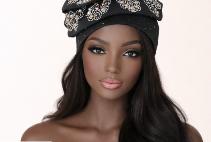 Bonnet orné de perles et broche
