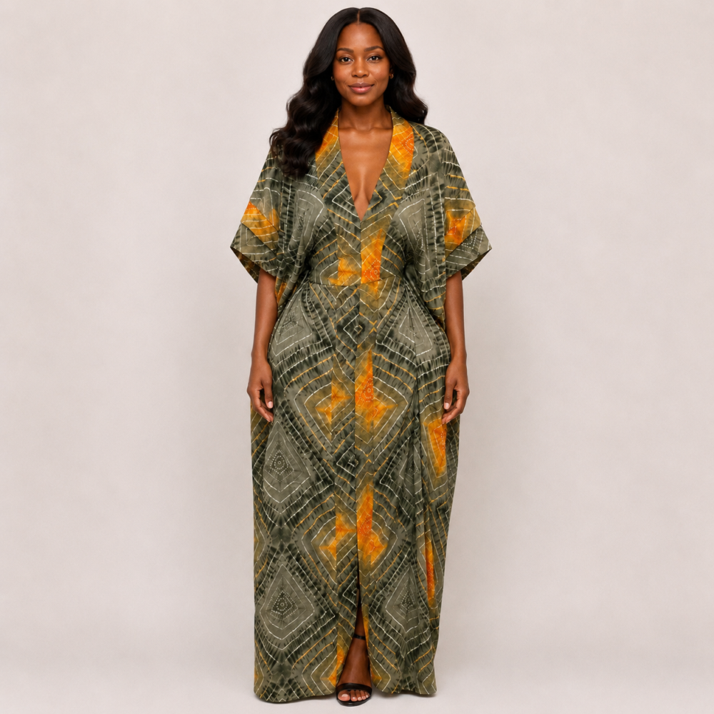 Robe Soie Imprimée – Vert et Jaune
