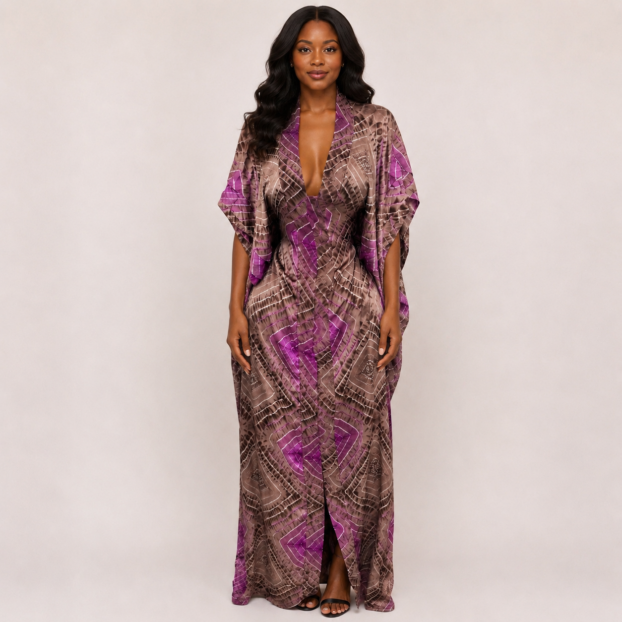 Robe soie imprimée marron et violet