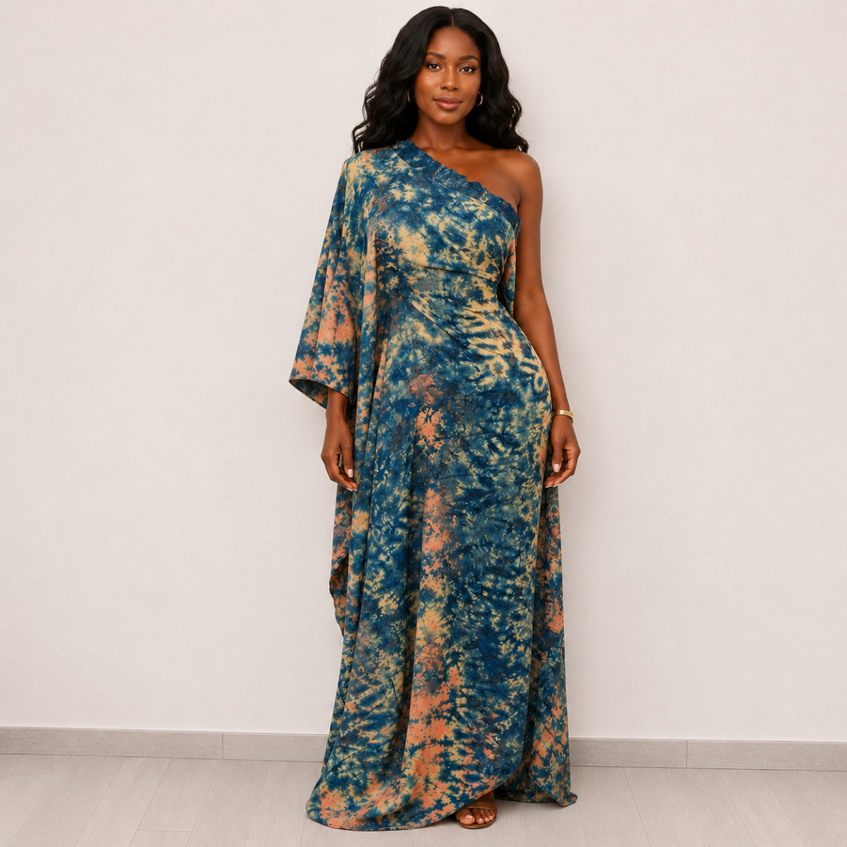 Robe asymétrique vert jaune et bleu