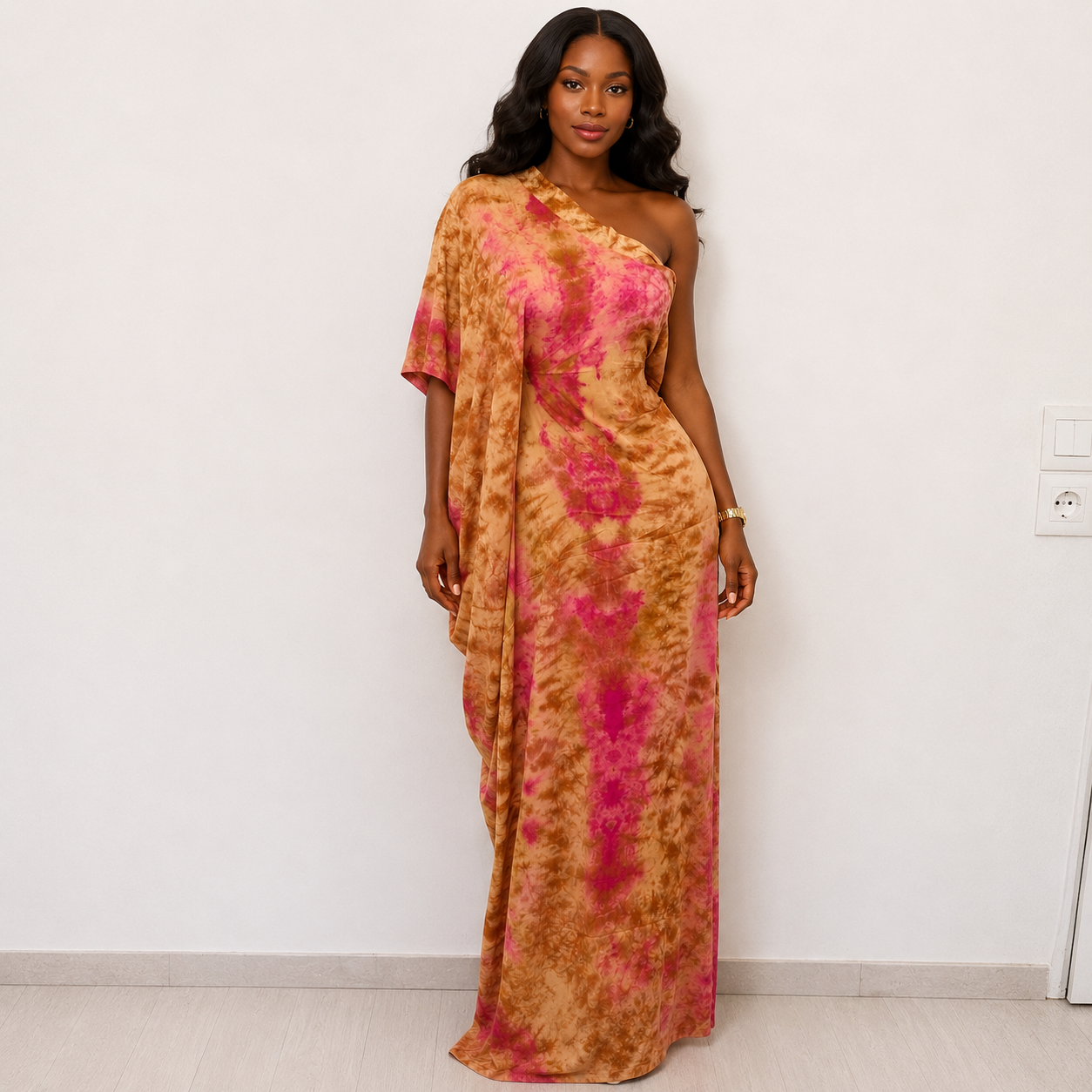 Robe asymétrique jaune et rose