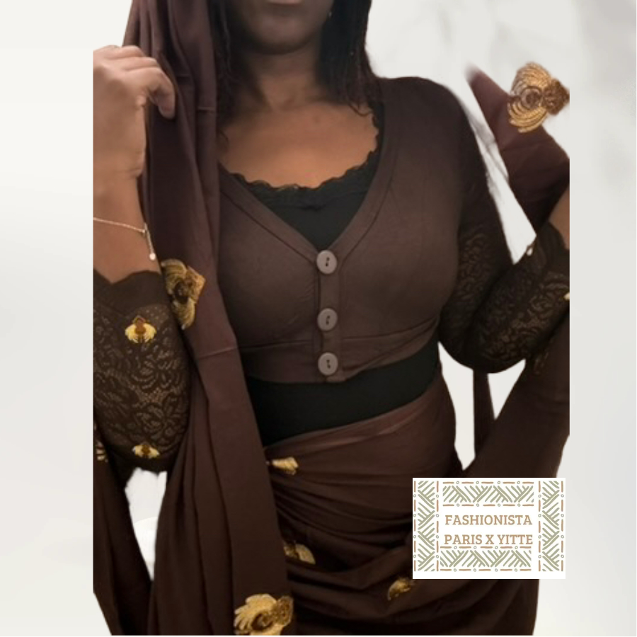 Melhfa brodée marron avec haut assorti