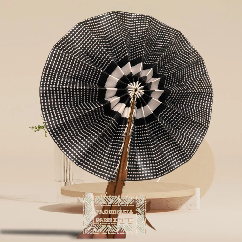 Éventail africain wax – Noir & blanc damier