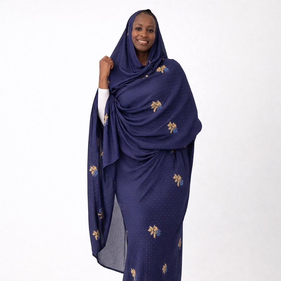 Melhfa Bleu Nuit Brodée & Body Blanc