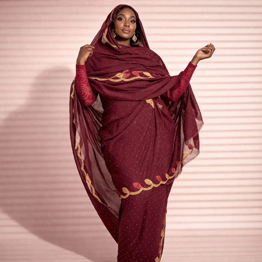 Melhfa Bordeaux Brodée & Body Assorti – Élégance Sahélienne