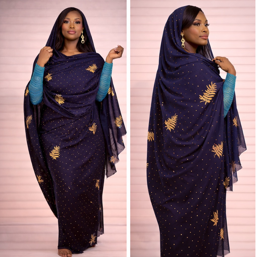 Melhfa bleu nuit à motifs dorés avec body assorti bleu