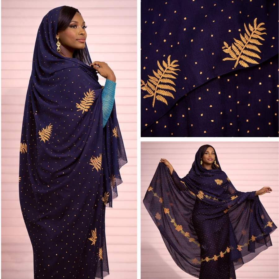 Melhfa bleu nuit à motifs dorés avec body assorti bleu