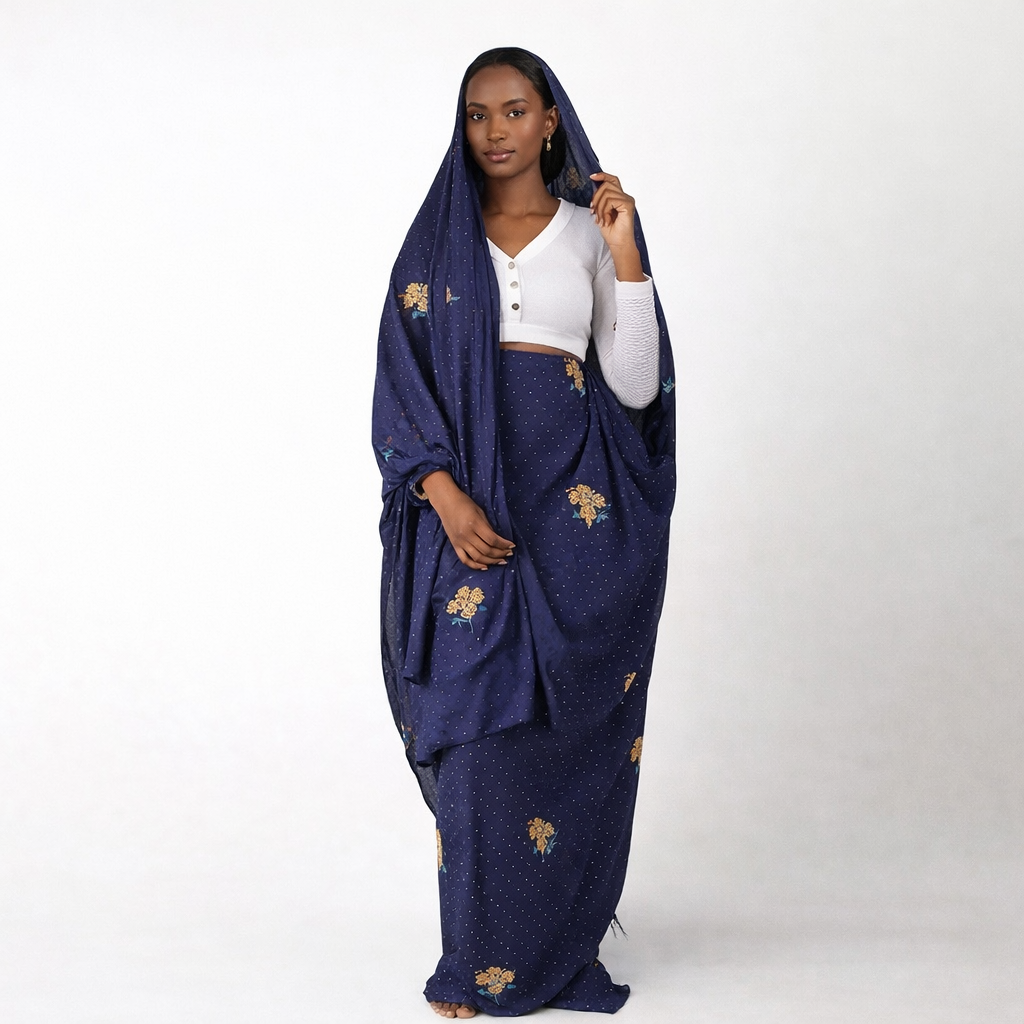 Melhfa Bleu Nuit Brodée & Body Blanc