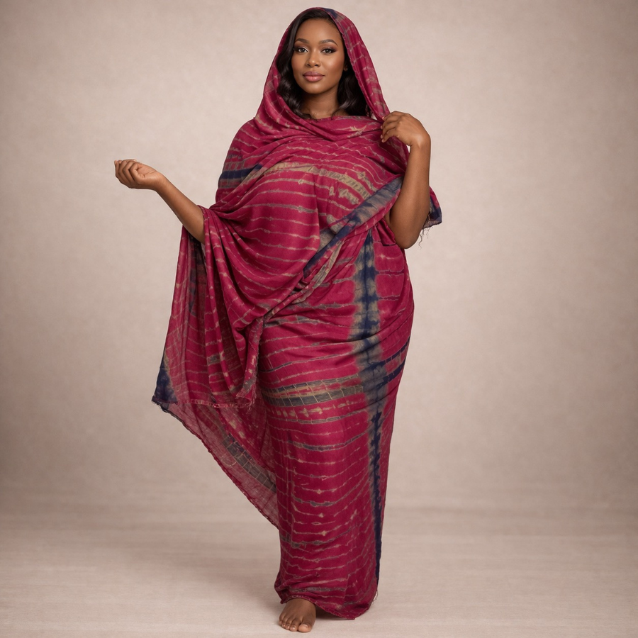 Melhfa Tie & Dye Bordeaux et Indigo