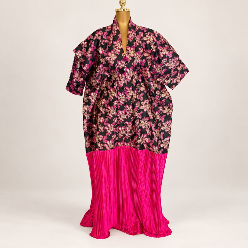 Robe brocart fleuri rose fuschia