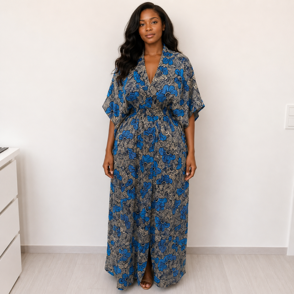 Robe Soie Imprimée – Bleu et Gris