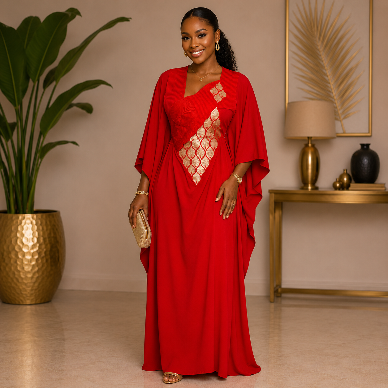 Robe boubou brodée rouge