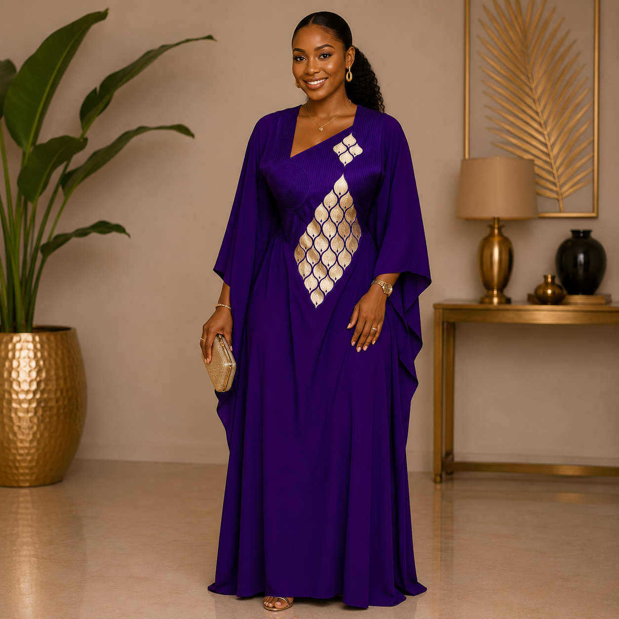 Robe boubou brodée violet foncé