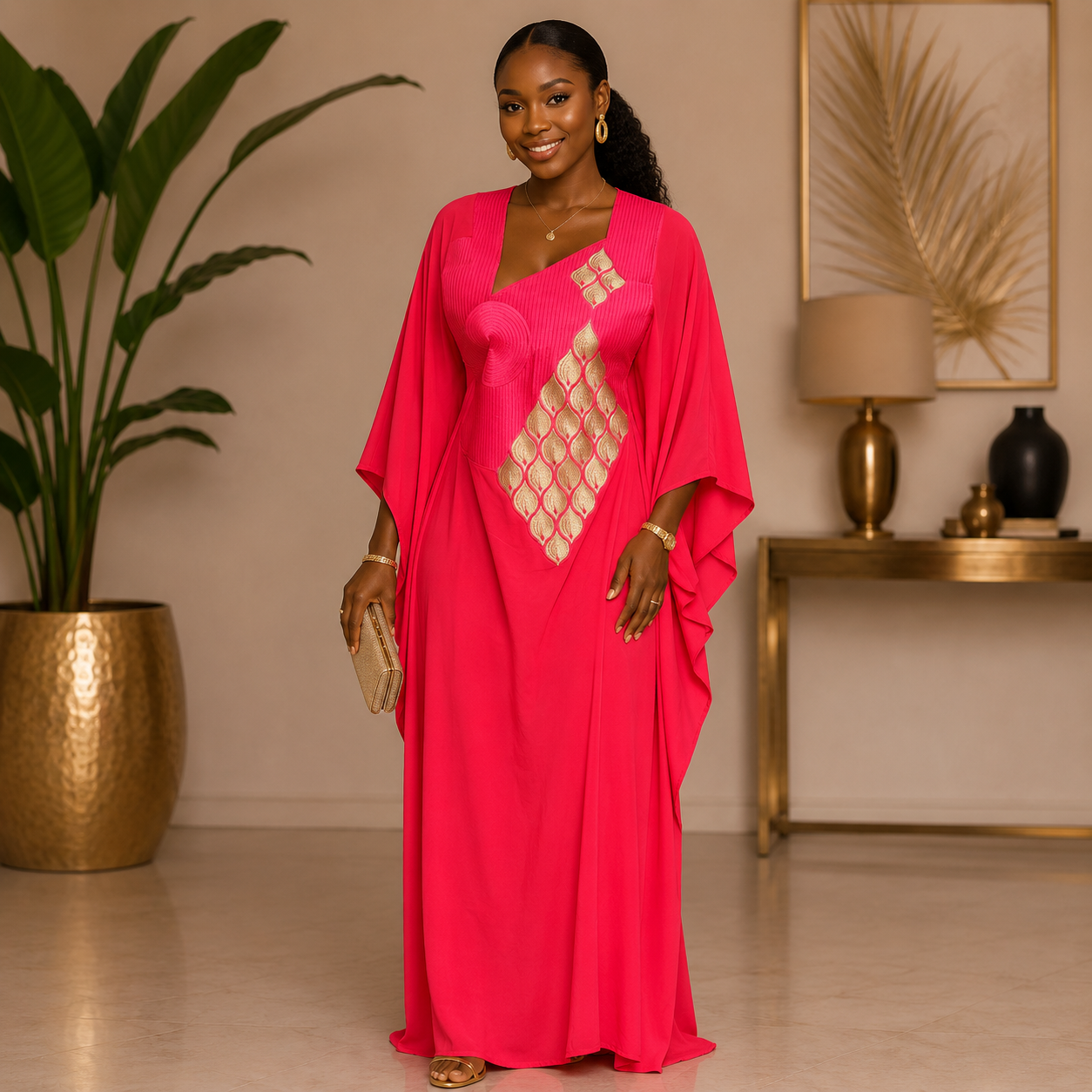 Robe boubou brodée rose foncé