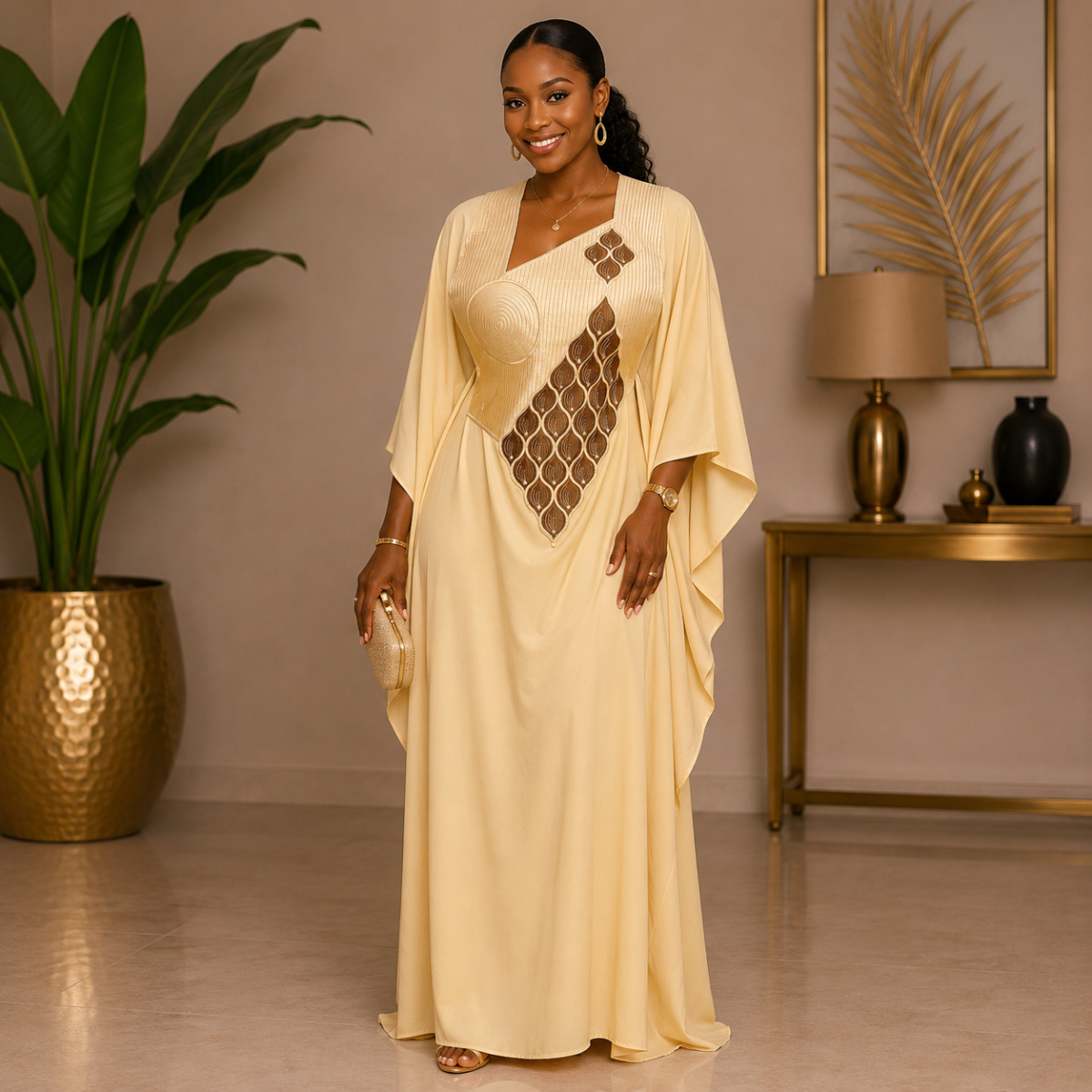 Robe boubou brodée beige