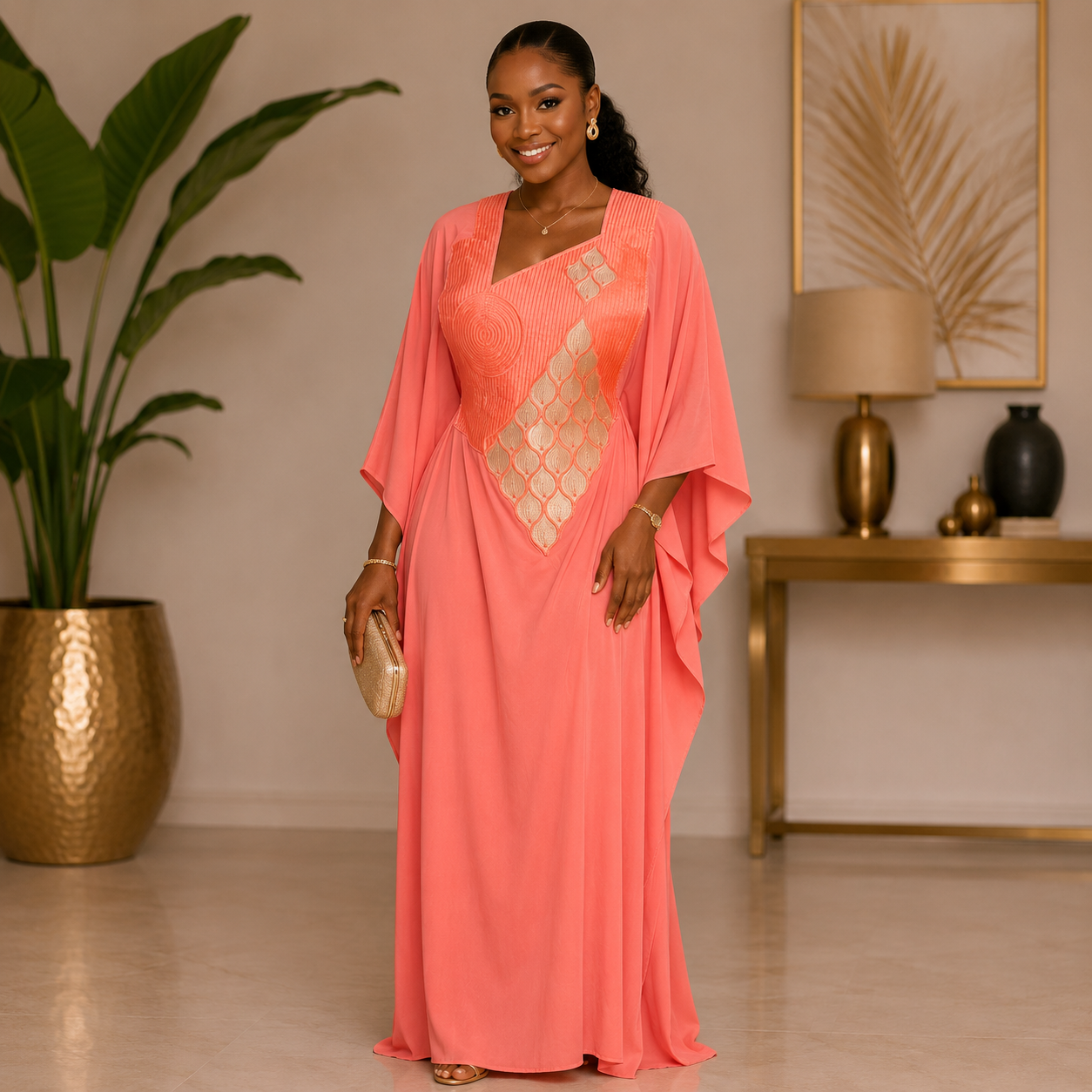 Robe boubou brodée rose clair