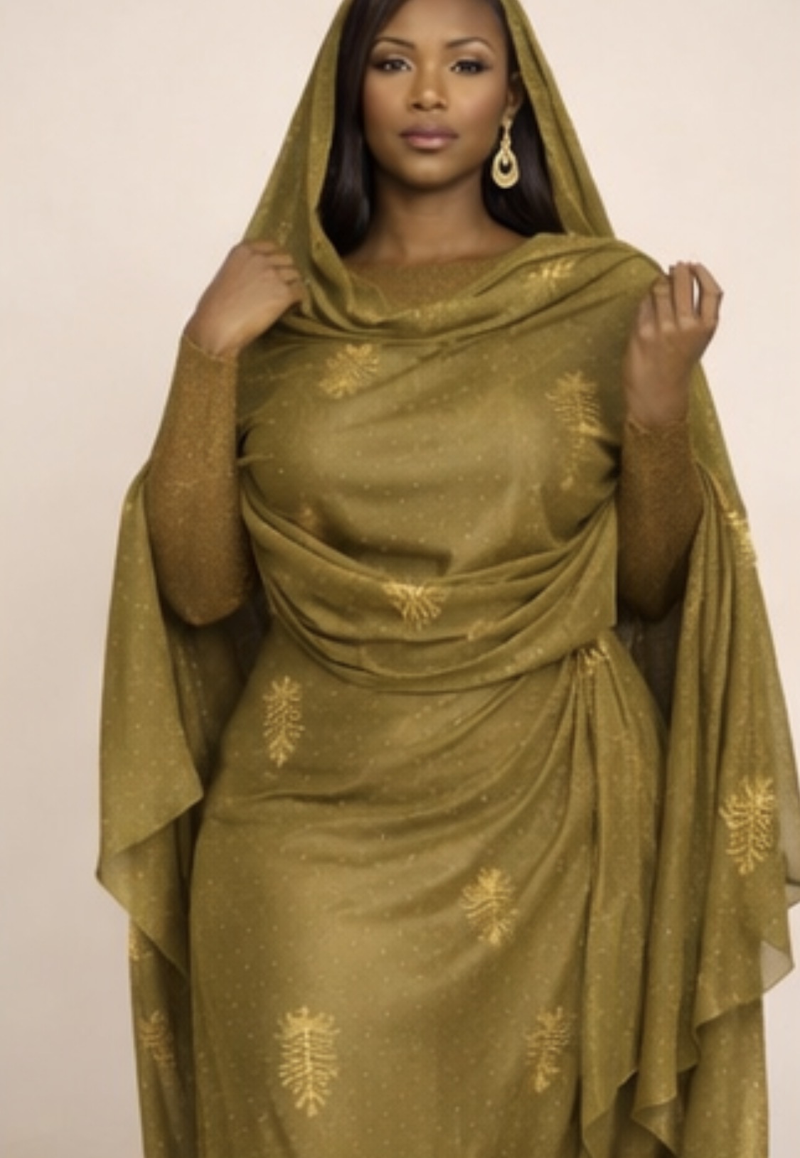 Melhfa vert olive brodée avec body assorti doré