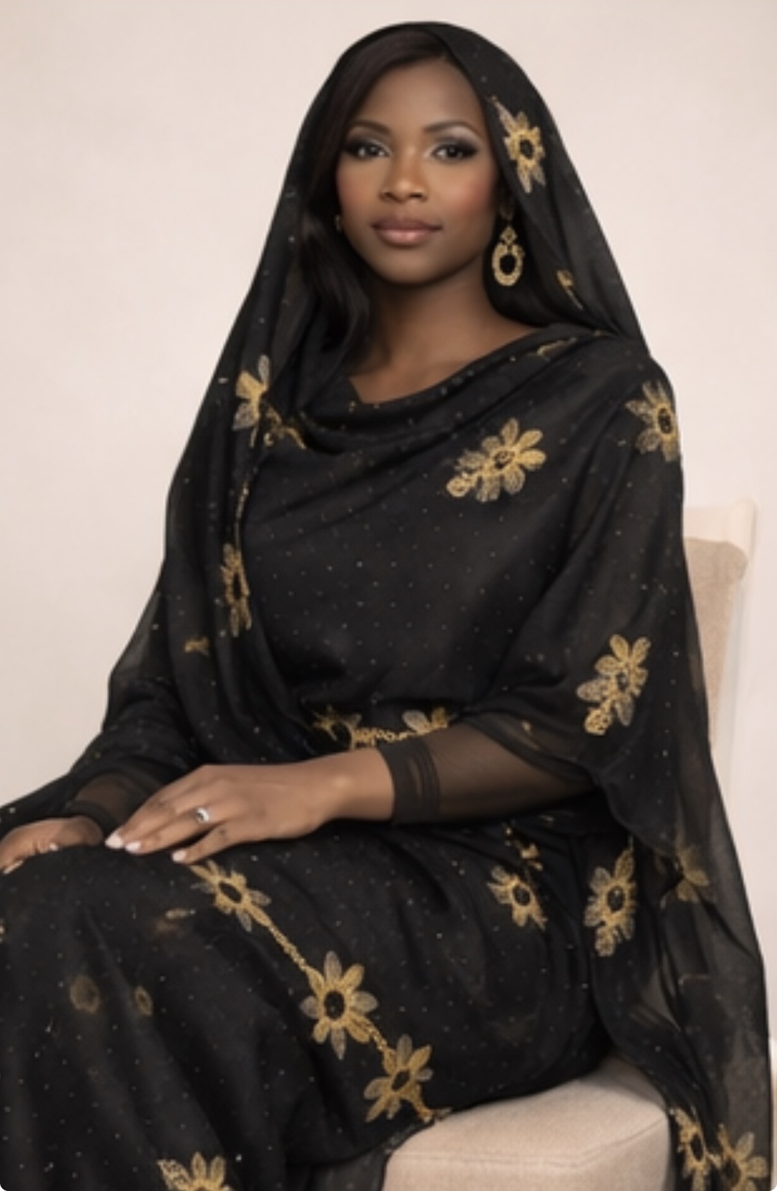Melhfa noire brodée dorée avec body assorti