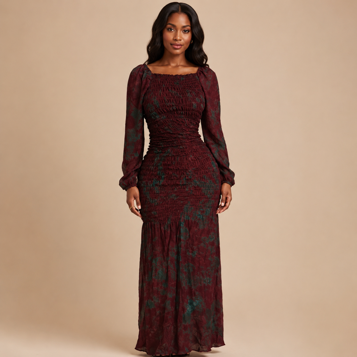 Robe longue smockee imprimée