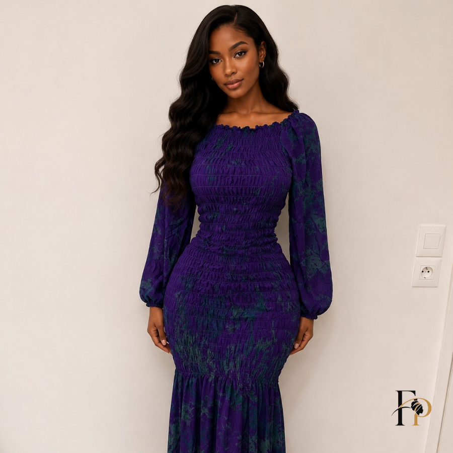 Robe longue smockée imprimée