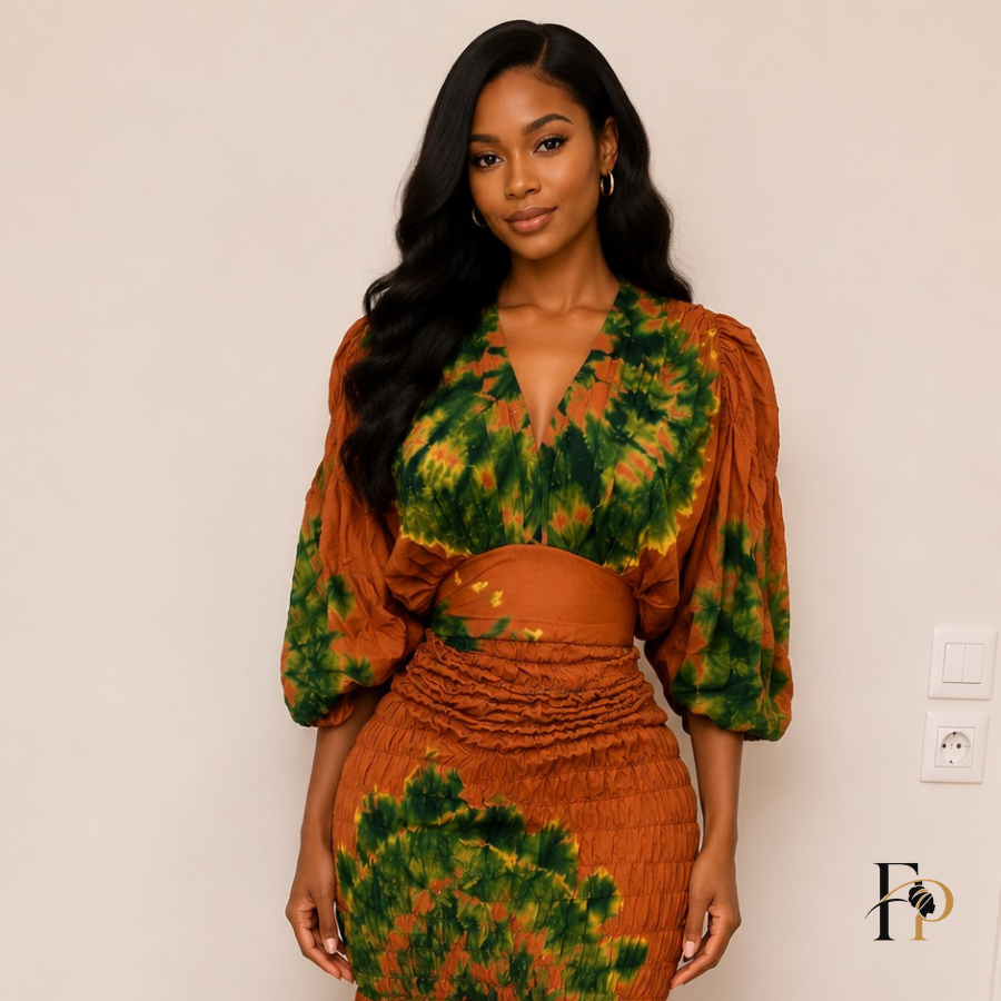 Robe longue tie-dye terracotta & vert