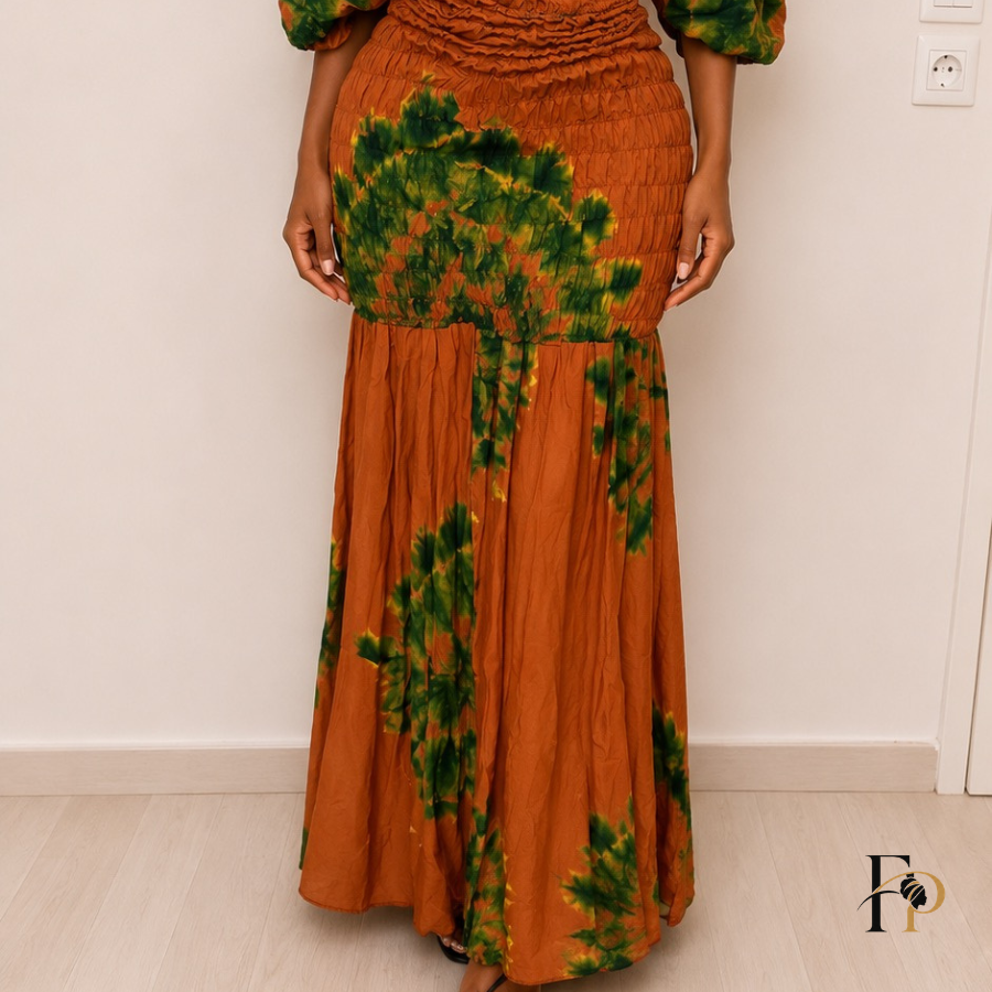 Robe longue tie-dye terracotta & vert