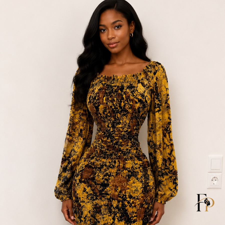 Robe longue smockée imprimée