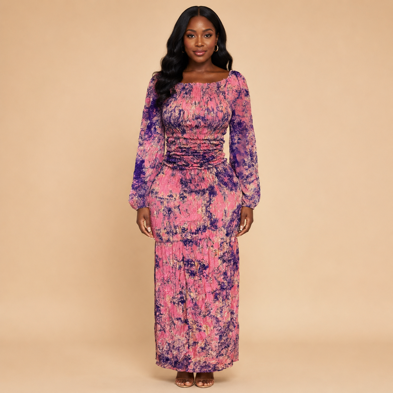 Robe longue smockee imprimée