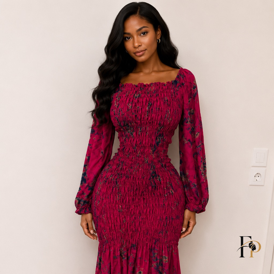 Robe longue smockée imprimée