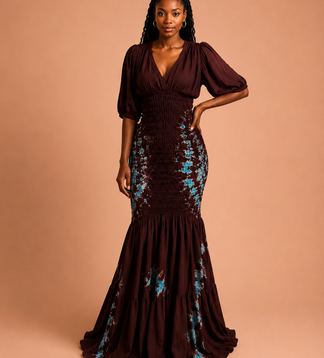 Robe longue tie-dye bordeaux & bleu canard