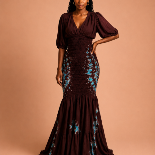 Robe longue tie-dye bordeaux & bleu canard