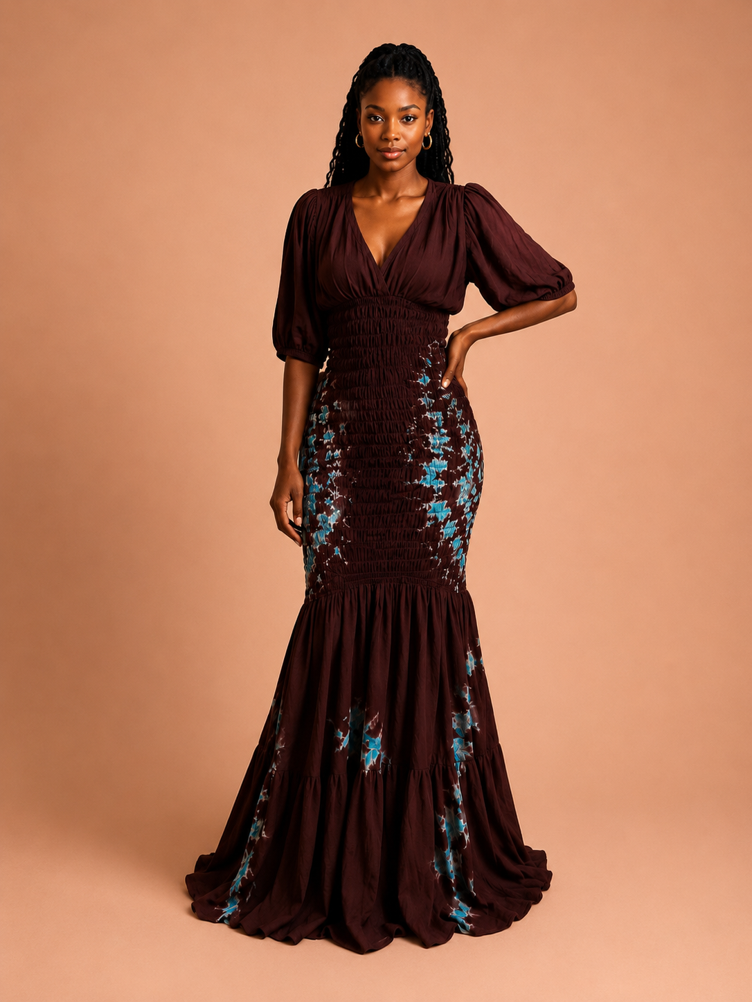 Robe longue tie-dye bordeaux & bleu canard