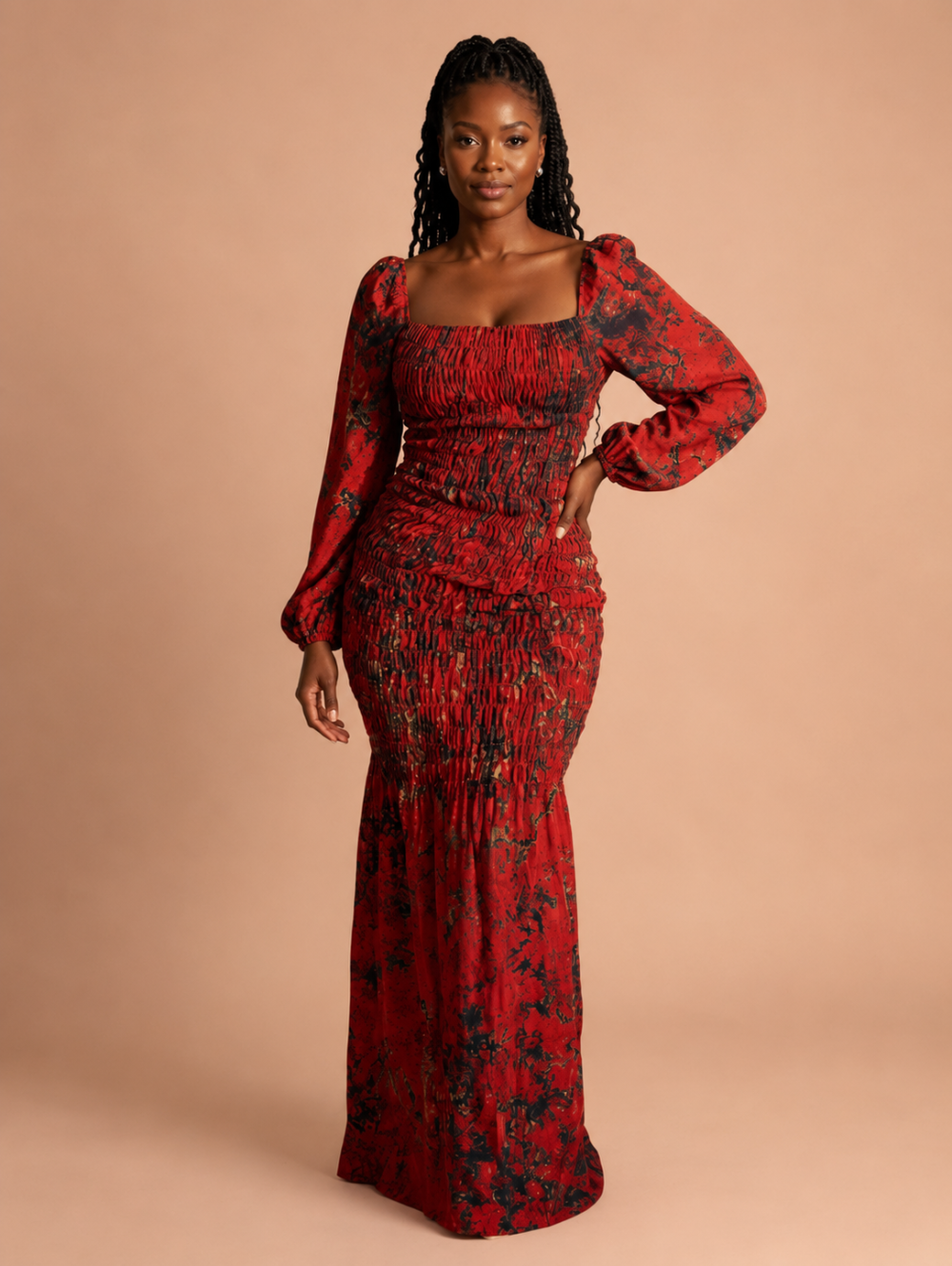 Robe longue smockée imprimée
