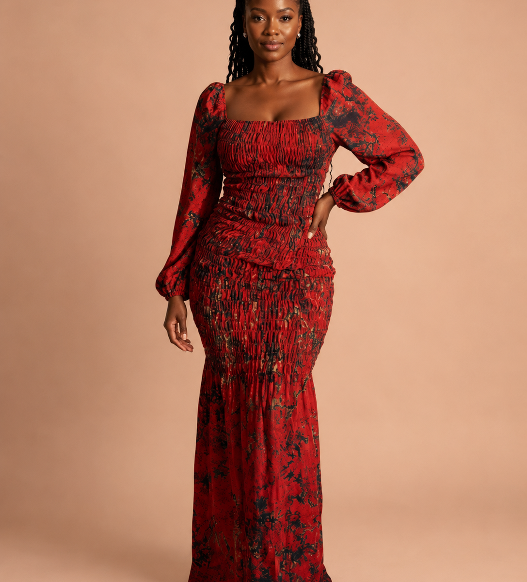 Robe longue smockée imprimée