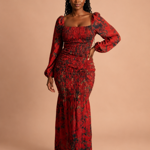 Robe longue smockée imprimée