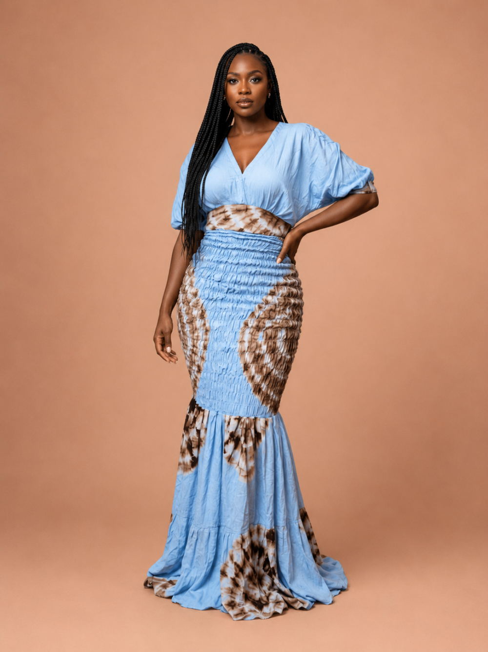 Robe longue tie-dye bleu ciel & marron
