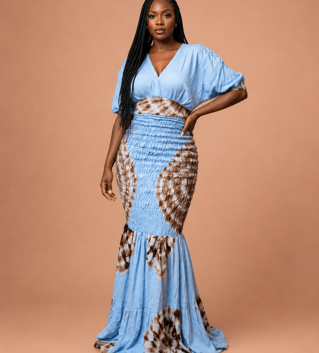 Robe longue tie-dye bleu ciel & marron