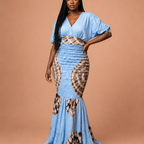 Robe longue tie-dye bleu ciel & marron