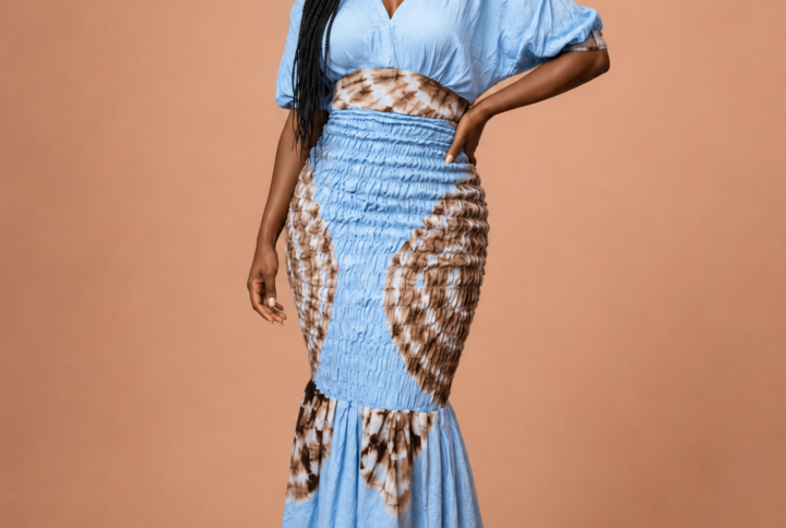 Robe longue tie-dye bleu ciel & marron