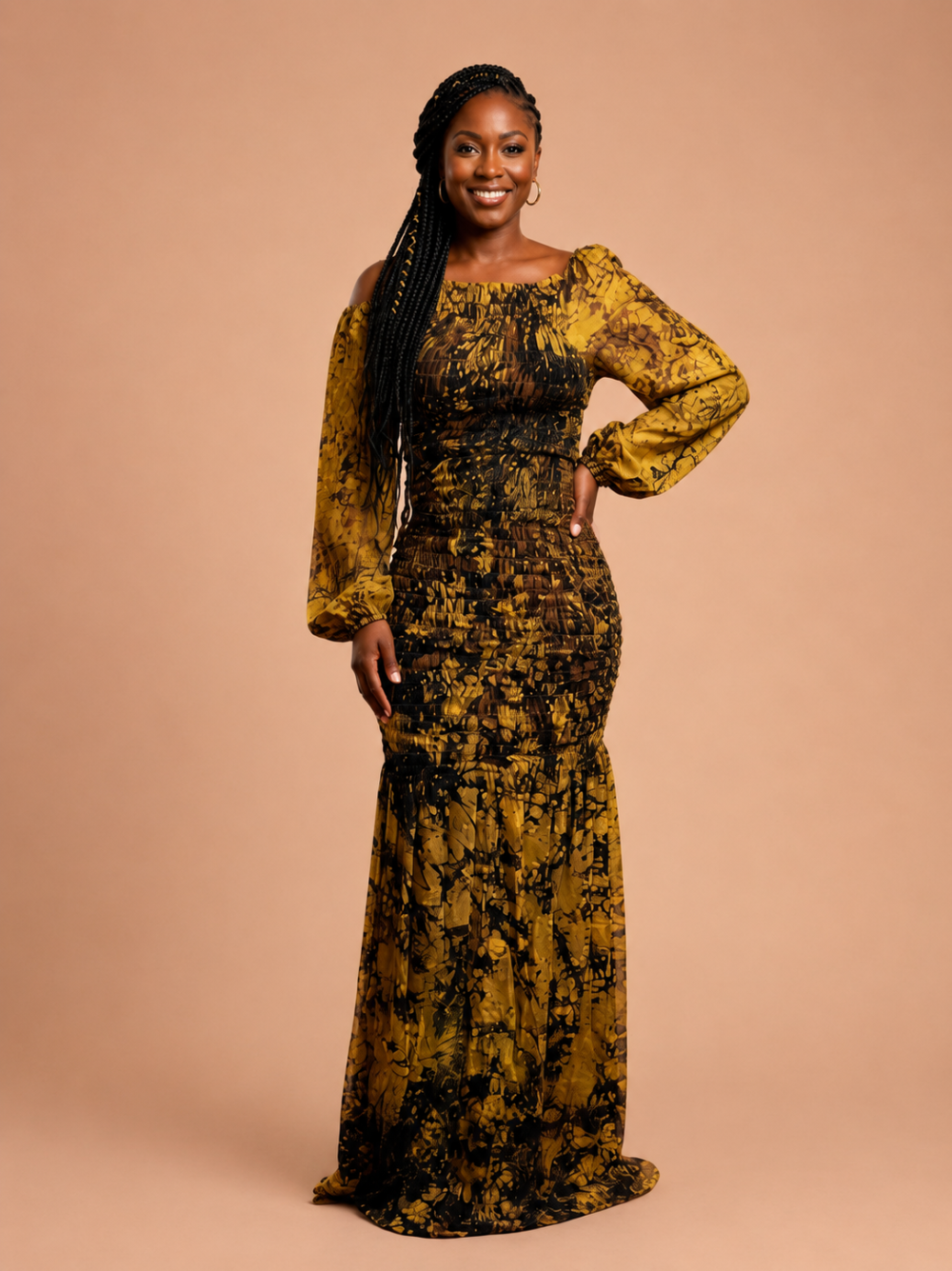 Robe longue smockée imprimée