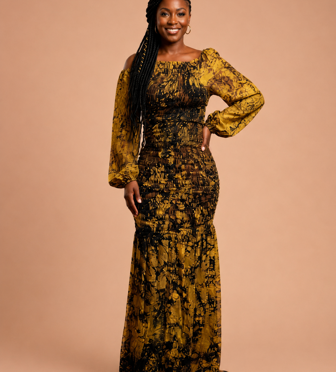 Robe longue smockée imprimée