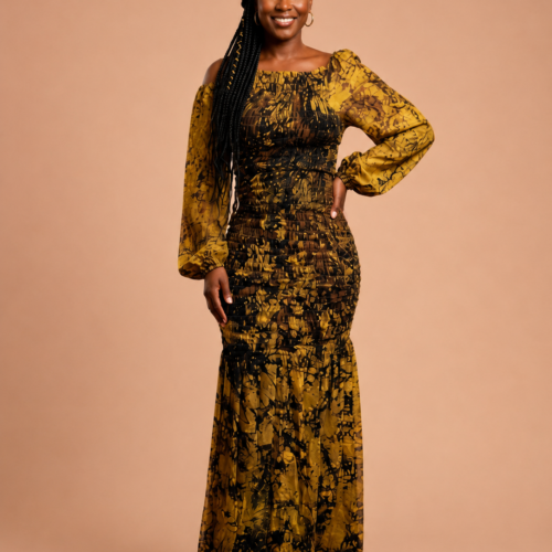 Robe longue smockée imprimée