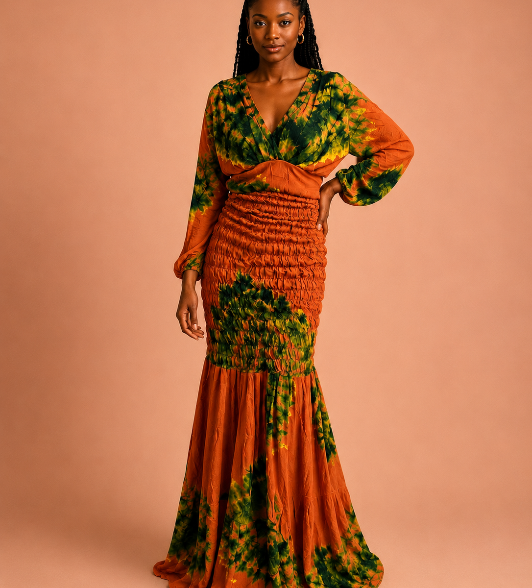 Robe longue tie-dye terracotta & vert