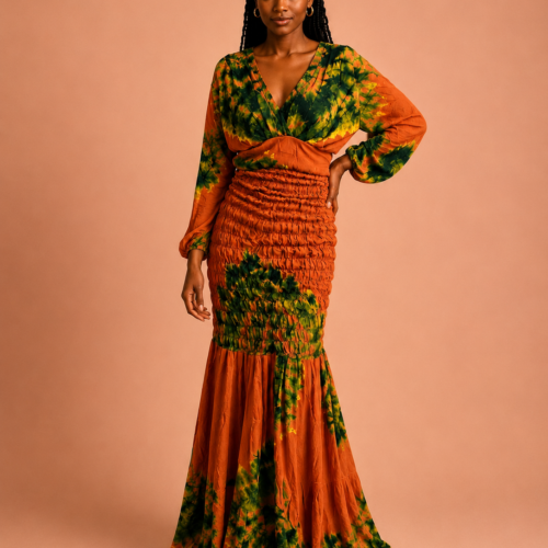 Robe longue tie-dye terracotta & vert
