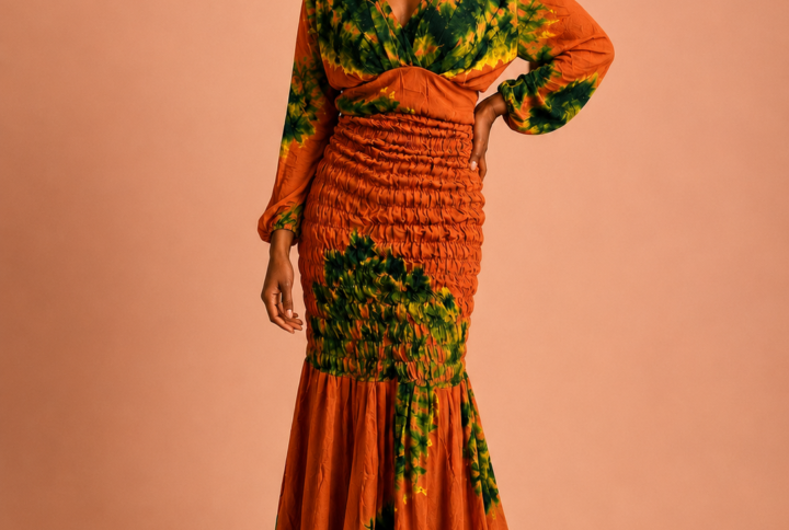 Robe longue tie-dye terracotta & vert