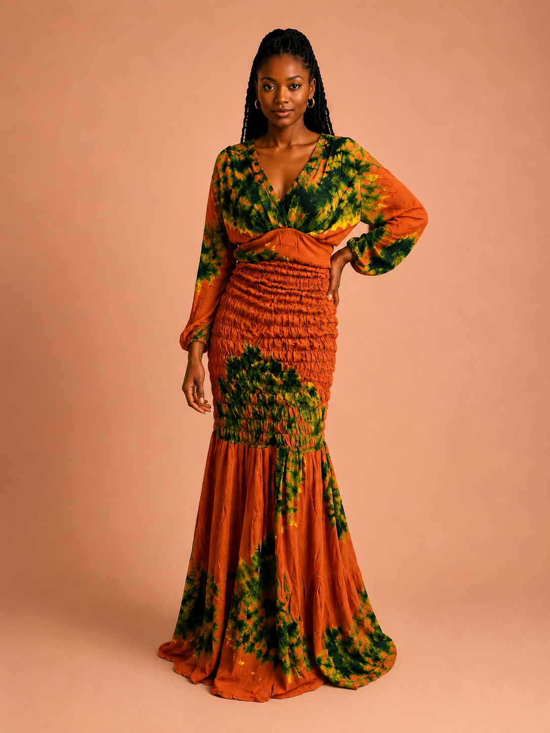 Robe longue tie-dye terracotta & vert