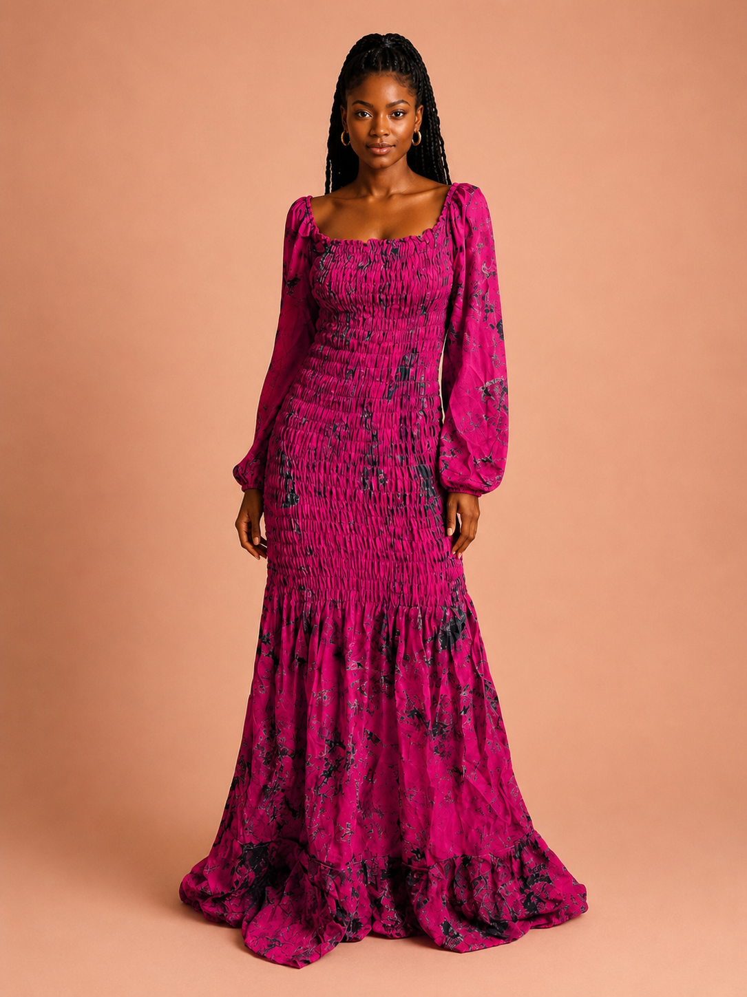 Robe longue smockée imprimée