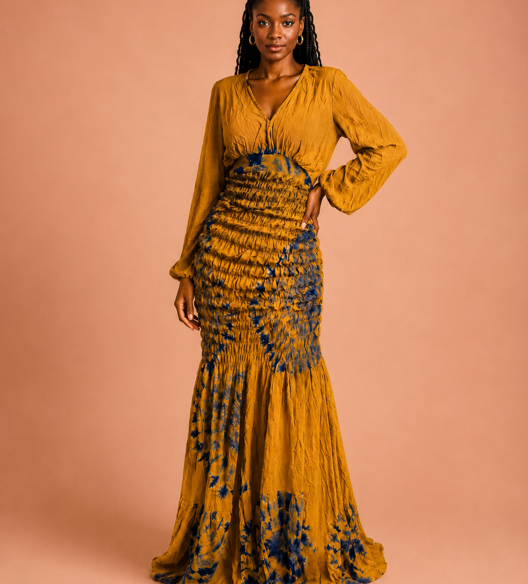 Robe longue tie-dye ocre et bleu nuit