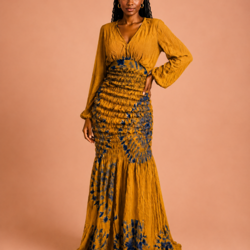Robe longue tie-dye ocre et bleu nuit